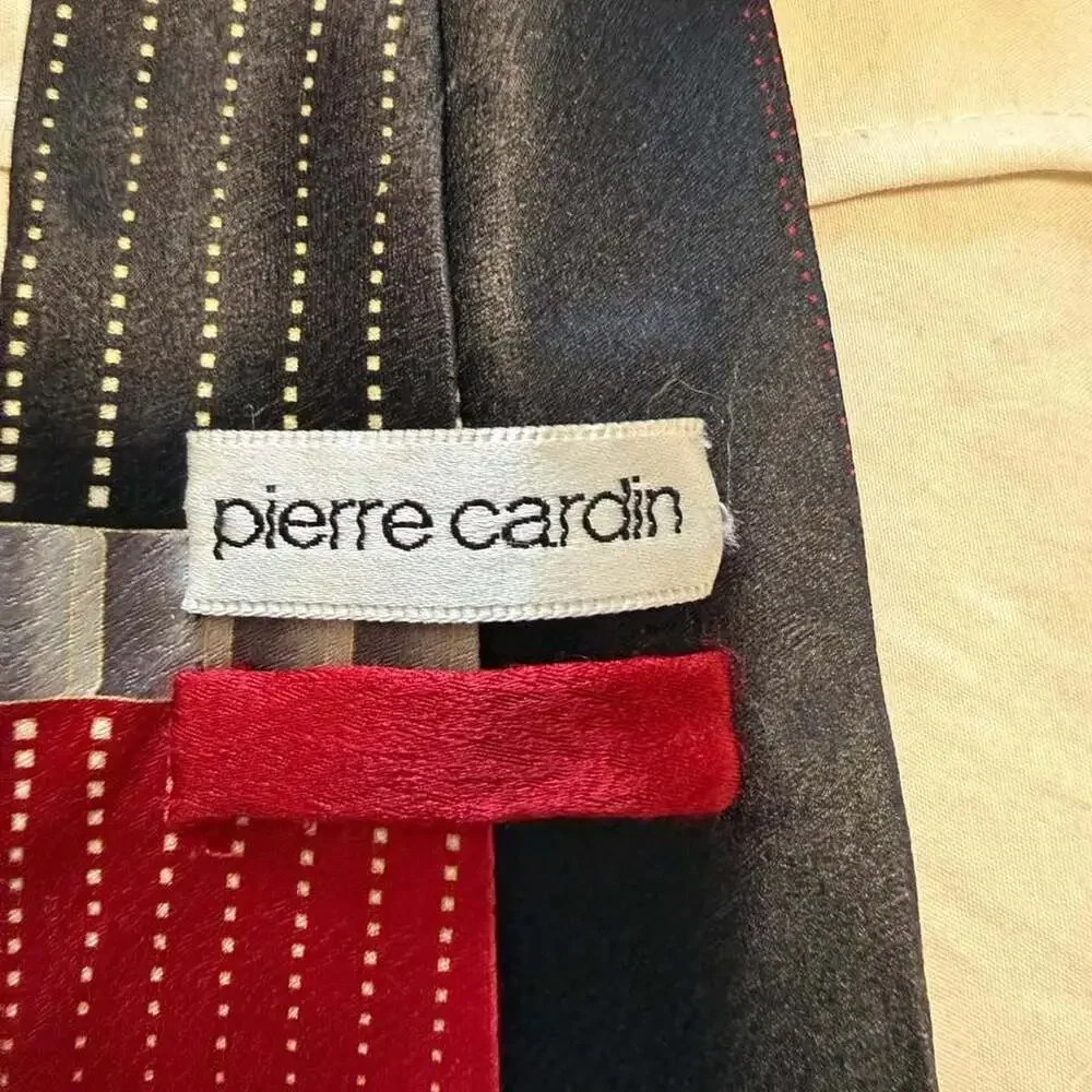 Pierre Cardin Vintage Geometric Silk Tie Red Black Silver